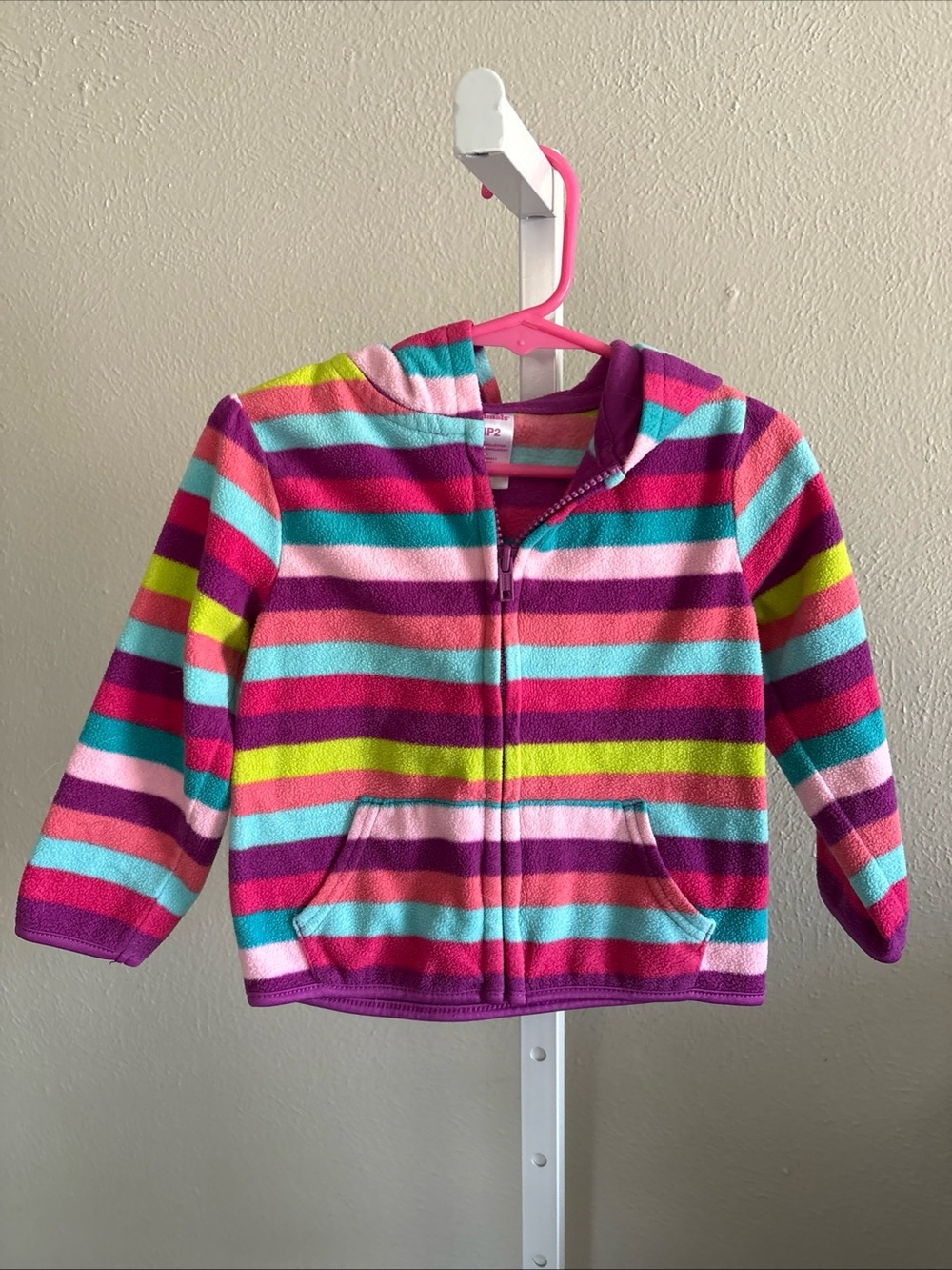 Colorful Striped Hooded Fleece Jacket - Pink, Teal, Lime Childs Size 2T